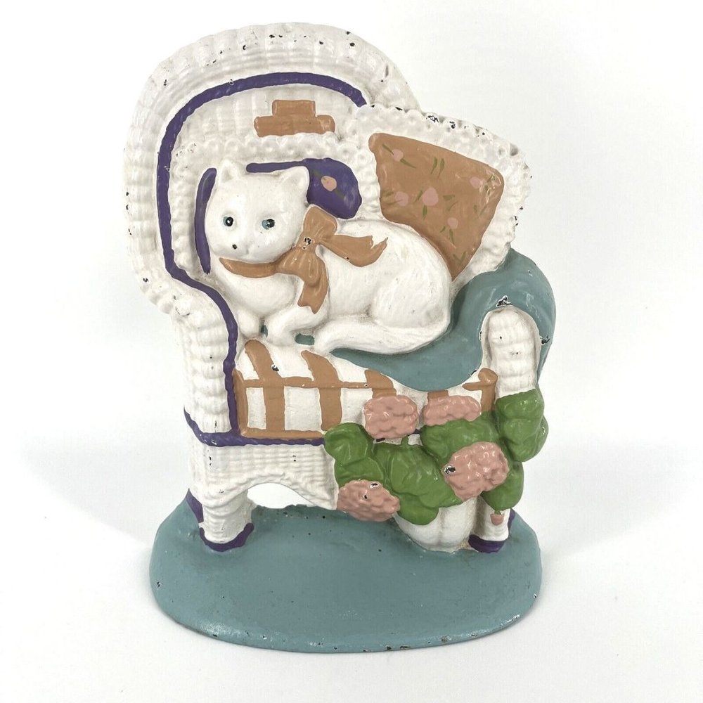 Vintage Midwest Importers Cat in Chair Flowers Cast Iron Doorstop